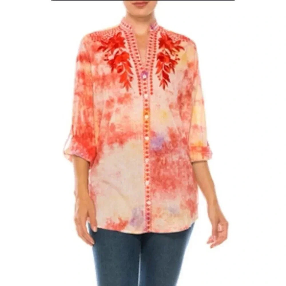 Vintage Goa Floral Printed Button-Down Tunic with Colorful‎ Embroidery Size XL